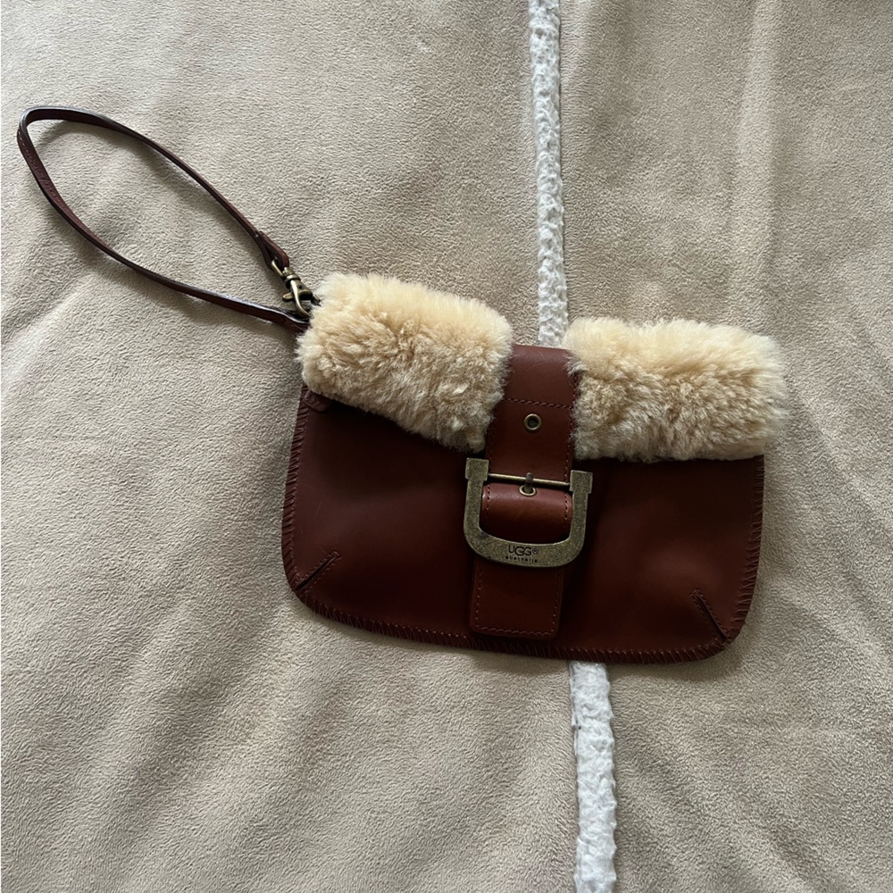UGG Brown Leather Wristlet with Cream Fur Accent